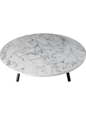 Die Grup Katlanabilir Metal Ayaklı Ahşap Yer Sofrası Tepsi Sini Beyaz Mermer Desen 90 cm