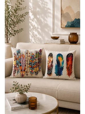 Die Grup 2'li Set Dijital Baskılı Dekoratif Modern Kırlent Kılıfı 43X43 cm - Salon ve Koltuk Yastığı Seti - Renkli Etnik Tüyler
