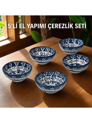 Die Grup Seramik 6'li Kase Seti El Yapımı Çerezlik, Reçellik, Sosluk & Kahvaltılık Sunum Takımı Elde Boyanmış Renkli Desenli Dekoratif Mini Kaseler Yeni Ev & Söz Nişan Butik Hediyesi, Round Blue