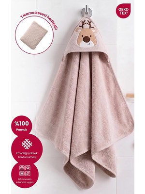 Die Grup Kapüşonlu Bebek Banyo HAVLUSU%100 Pamuk Bebek Havlu Oeko-Tex® Havlu Kundak - Bej Geyik, 75 x 75 cm