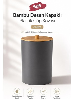 Die Grup Bambu Desen Kapaklı Plastik Çöp Kovası 7 Litre Antrasit Mutfak Banyo Çöp Kovası, Antrasit