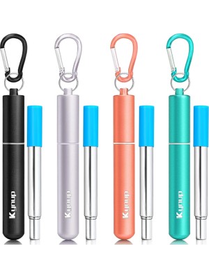 Die Grup 4'lü Tekrar Kullanılabilir Pipet Seti, Paslanmaz Çelik Pipet, Metal Pipet, Metal Kasalı, Anahtarlık, Temizleme Fırçası, Silikon Parçalar Siyah+Gümüş+Gül Altın+Turkuaz