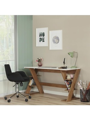 Die Grup Lungo Raflı Çalışma Masası, Ofis Masası, 60X140 Cm, Koyu Meşe&beyaz
