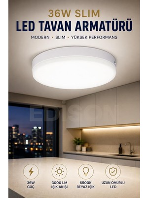 Die Grup 36W Slim LED Tavan Armatürü, 3000 Lümen, Yuvarlak Panel, Beyaz Işık