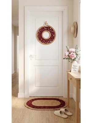 Die Grup 40 cm El Yapımı Jüt Kapı Çelengi Örme Desenli Hasır Karşılama Paspası Takımı Dekoratif Iç Mekan ve Kapı Girişi Halısı (Hasır-Kırmızı, 55 × 75 Cm)