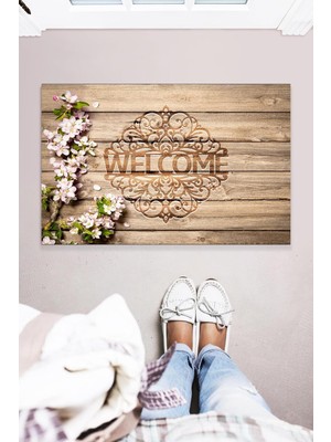 Die Grup Welcome Ahşap Desenli Dekoratif Çok Amaçlı Iç ve Dış Mekan Kapı Önü Paspası 45X70