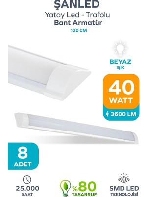 Die Grup 120 cm 40 Watt Yatay LED Bant Armatür-Trafolu Beyaz Işık-1-2-4-5-8-10-20-40 Adettir (Beyaz-8 Adet)
