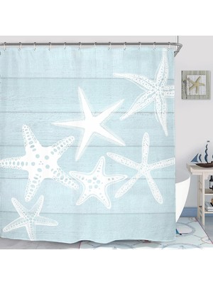 Die Grup Plaj Denizyıldızı Duş Perdesi Seti 150 cm x 180 cm Deniz Köpüğü Ahşap Rustik Köy Okyanus Vintage Çiftlik Evi Pastel Polyester Su Geçirmez Kumaş Banyo Perdesi 12 Kancalı