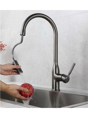Die Grup Inox Spiralli Mutfak Bataryası - 44 cm Yüksek Tasarım, 2 Fonksiyonlu Çek-Bırak Başlık (60CM Uzayan Hortum), Fırçalı Çelik Görünümü Modern Eviye Musluğu (Antrasit Gri)