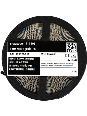Die Grup Ledronics Premium 12V Nano Hybrid Şerit LED - Dış Mekan IP65 Su Geçirmez, 6W/MT 8mm 60 Led, 3000K Gün Işığı, 10 Metre (2x5 Metre)