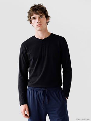 LC Waikiki Lc Waıkıkı Siyah Henley Yaka Uzun Kollu Erkek Pijama Üst