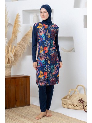 Rozamay 263303 Seneca Jileli Lycra Uzun Kollu  Lacivert Dijital Desen Tesettür Mayo