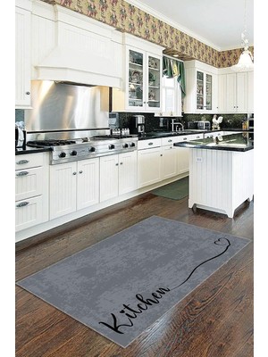 Die Grup Antrasit Kaymaz Tabanlı Kitchen Yazılı Mutfak Halısı Yolluk VH088, Antrasit, 60 x 120