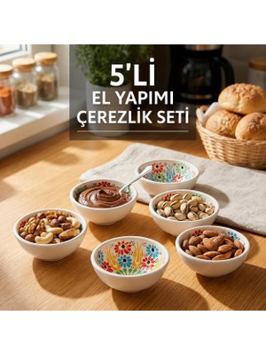 Die Grup Seramik 6'li Kase Seti El Yapımı Çerezlik, Reçellik, Sosluk & Kahvaltılık Sunum Takımı Elde Boyanmış Renkli Desenli Dekoratif Mini Kaseler Yeni Ev & Söz Nişan Butik Hediyesi, Round Whıte