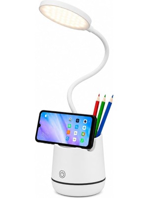 Die Grup Şarjlı LED Masa Lambası, 3 Renk Modlu Dokunmatik Çalışma Lambası, Telefon Tutuculu ve Kalemlik Organizerli Esnek Gövdeli Masa Lambası, Göz Yormayan 24 LED Aydınlatma