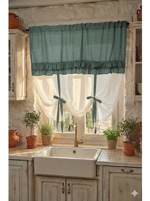 Die Grup Cotton Maison Potlu Perde Çift Fırfırlı, 100 x 200, 4690, Kaktüs Yeşili