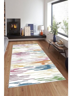 Die Grup Pelangi Çok Renkli Çizgi Desen Renk Geçiş Yıkanabilir Kaymaz Taban Leke Tutmaz Modern Salon Halısı ve Yolluk, Beyaz-Renkli 100 x 150, 7457107910015005