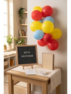 Partixa Okuma Bayramı Süsleme Mini Set Koyu Gri Keçe Yazı Panosu Standlı Balon Zincirli Artık Okuyorum Konsepti