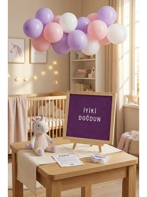 Partixa Unicorn Temalı Doğum Günü Süsleme Mini Set Mor Keçe Yazı Panosu Standlı Balon Zincirli Büyülü Masal Konsepti