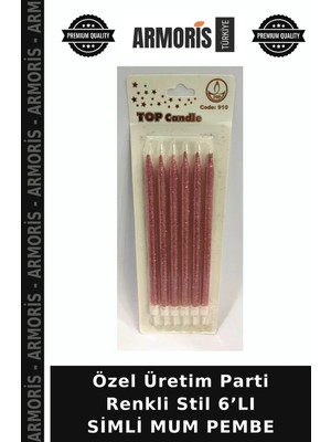 Armoris Özel Üretim Parti Renkli Stil 6’lı Simli Mum Pembe