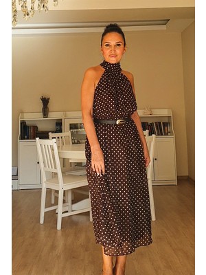 Halter Yaka Puantiyeli Kahverengi Şifon Elbise