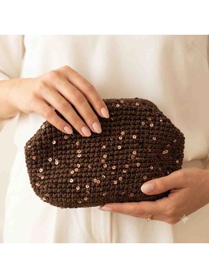 Hobicium Kahverengi Astarlı Pullu Örgü El Portföy Çantası - El Yapımı Abiye Clutch & Günlük Çanta 29X18 cm
