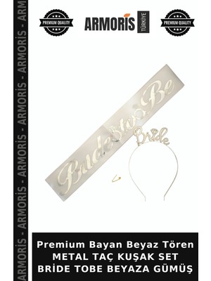 Armoris Premium Bayan Beyaz Tören Metal Taç Kuşak Set Bride Tobe Beyaza Gümüş
