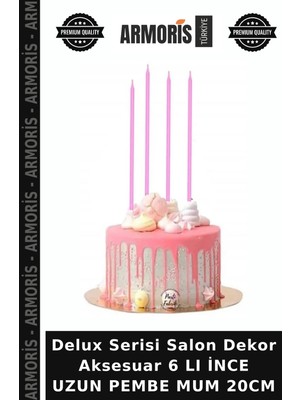 Armoris Delux Serisi Salon Dekor Aksesuar 6 Lı Ince Uzun Pembe Mum 20CM