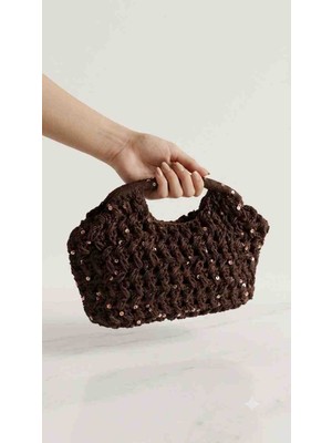 Hobicium El Yapımı Astarlı Soft Rafya Ip Örgü Portföy Çantası Pullu Ekstra Yumuşak Kahverengi Clutch El Çantası