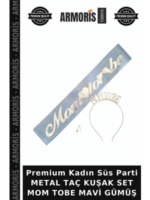 Armoris Premium Kadın Süs Parti Metal Taç Kuşak Set Mom Tobe Mavi Gümüş