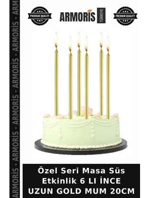 Armoris Özel Seri Masa Süs Etkinlik 6 Lı Ince Uzun Gold Mum 20CM