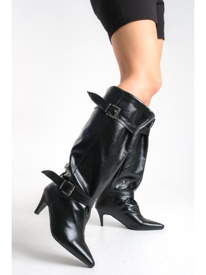 Yıldızdan Siyah Rugan Tokalı Tpu Taban Kadın Topuklu Çizme
