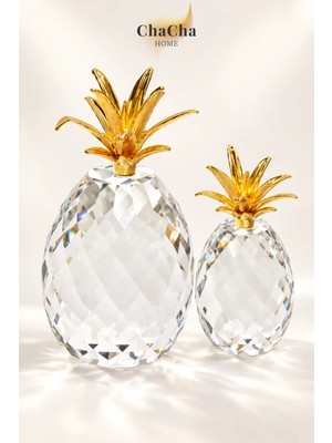 ChaCha Home Kristal Ananas Biblo 2'li Dekoratif Set Gold Metal Yapraklı 14 cm ve 10 cm