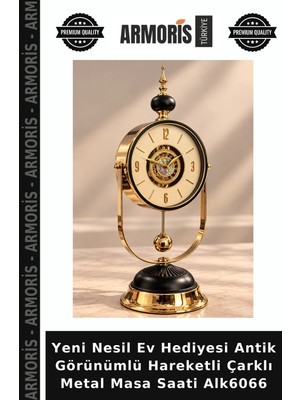 Armoris Yeni Nesil Ev Hediyesi Antik Görünümlü Hareketli Çarklı Metal Masa Saati ALK6066