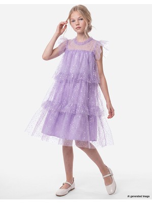 LC Waikiki Lcw Kids Lila Fırfırlı Kız Çocuk Simli Kat Kat Elbise