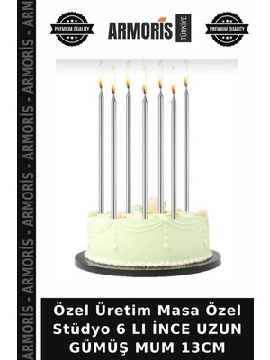 Armoris Özel Üretim Masa Özel Stüdyo 6 Lı Ince Uzun Gümüş Mum 13CM