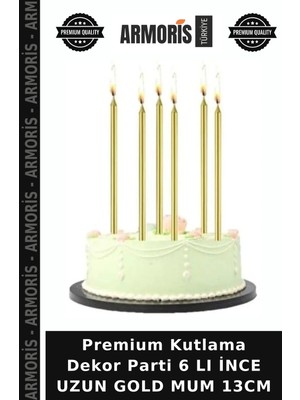 Armoris Premium Kutlama Dekor Parti 6 Lı Ince Uzun Gold Mum 13CM