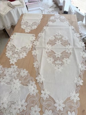 Bezos Salon Takımı Çeyizlik Krem Runner Set 5 Parça Keten Masa Örtüsü Runneri Lüx Evita BZS10