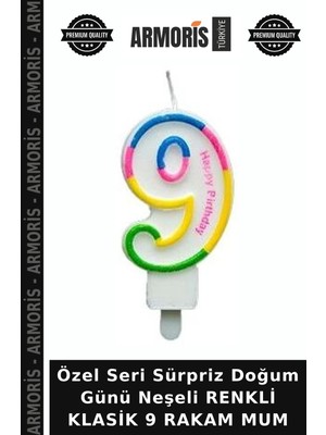 Armoris Özel Seri Sürpriz Doğum Günü Neşeli Renkli Klasik 9 Rakam Mum