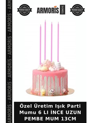 Armoris Özel Üretim Işık Parti Mumu 6 Lı Ince Uzun Pembe Mum 13CM