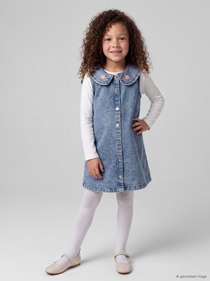 LC Waikiki Lcw Kids Indigo Bebe Yaka Nakışlı Kız Çocuk Jean Elbise