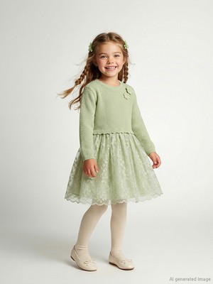 LC Waikiki Lcw Kids Yeşil Çiçek Aplikeli Kız Çocuk Tüllü Elbise