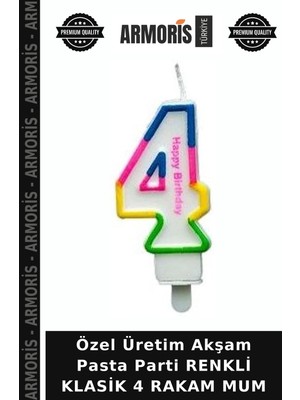 Armoris Özel Üretim Akşam Pasta Parti Renkli Klasik 4 Rakam Mum