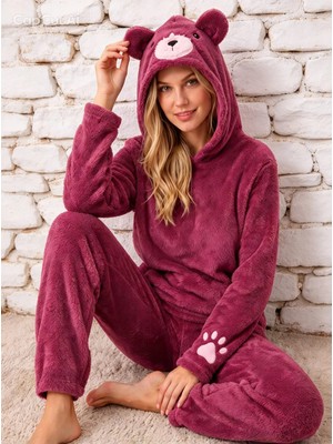 NiCe İç Giyim Ayıcık Kapşonlu Vişne Renk Wellsoft Peluş Yumuşacık Kadın Pijama Takım