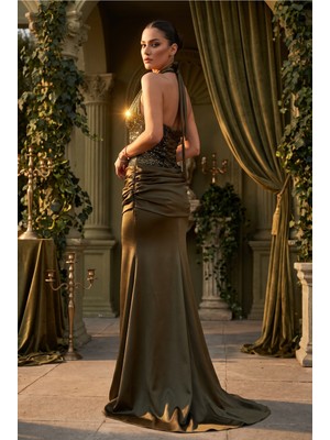 Fashion Cocktail Mermaid Üst Bedeni Payet Işlemeli Romantik Bağcık Korse Saten Büzgülü Drapeli Işıltılı Pullu Göz Kamaştıran Maxi V Yaka Sırt Detaylı Balık Kesim Nikah After Party Gece Abiye Davet Kok