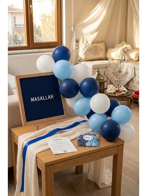 Partixa Maşallah Yazılı Sünnet Odası Süsleme Mini Set Koyu Mavi Keçe Yazı Panosu Standlı Balon Zincirli Sünnet Yatağı Süsleri