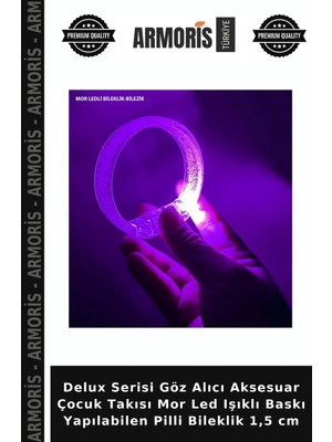 Armoris Delux Serisi Göz Alıcı Aksesuar Çocuk Takısı Mor LED Işıklı Baskı Yapılabilen Pilli Bileklik 1,5 cm