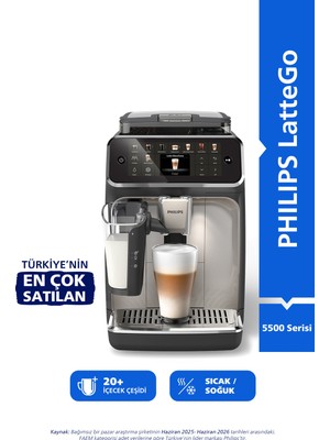 Philips 5500 Serisi LatteGo Tam Otomatik Espresso Makinesi 20 Sıcak ve Soğuk İçecek, SilentBrew, Dokunmatik Ekran, EP5547/90