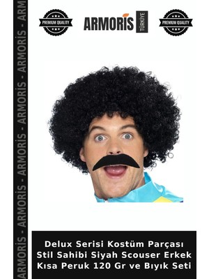 Armoris Delux Serisi Kostüm Parçası Stil Sahibi Siyah Scouser Erkek Kısa Peruk 120 gr ve Bıyık Seti