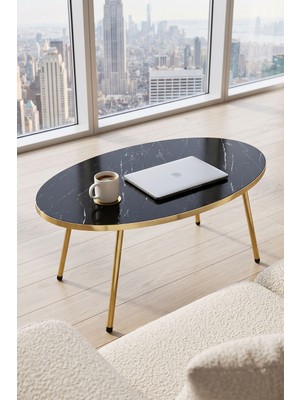 Bezos Gold Ayak Oval Orta Sehpa Bendir Siyah BZS10